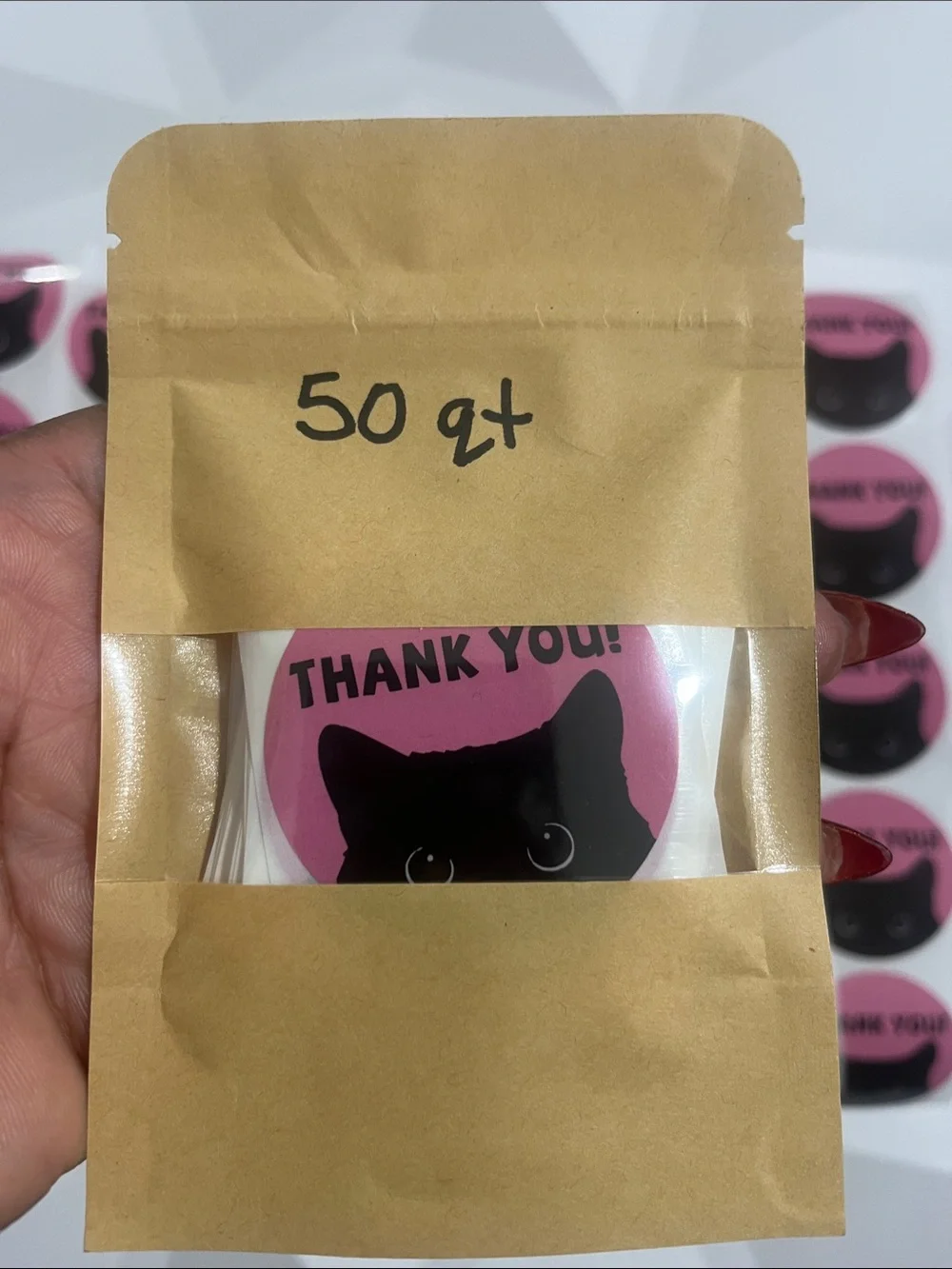Hand Crafted 50 (2”) Pink Cat Thank You Stickers